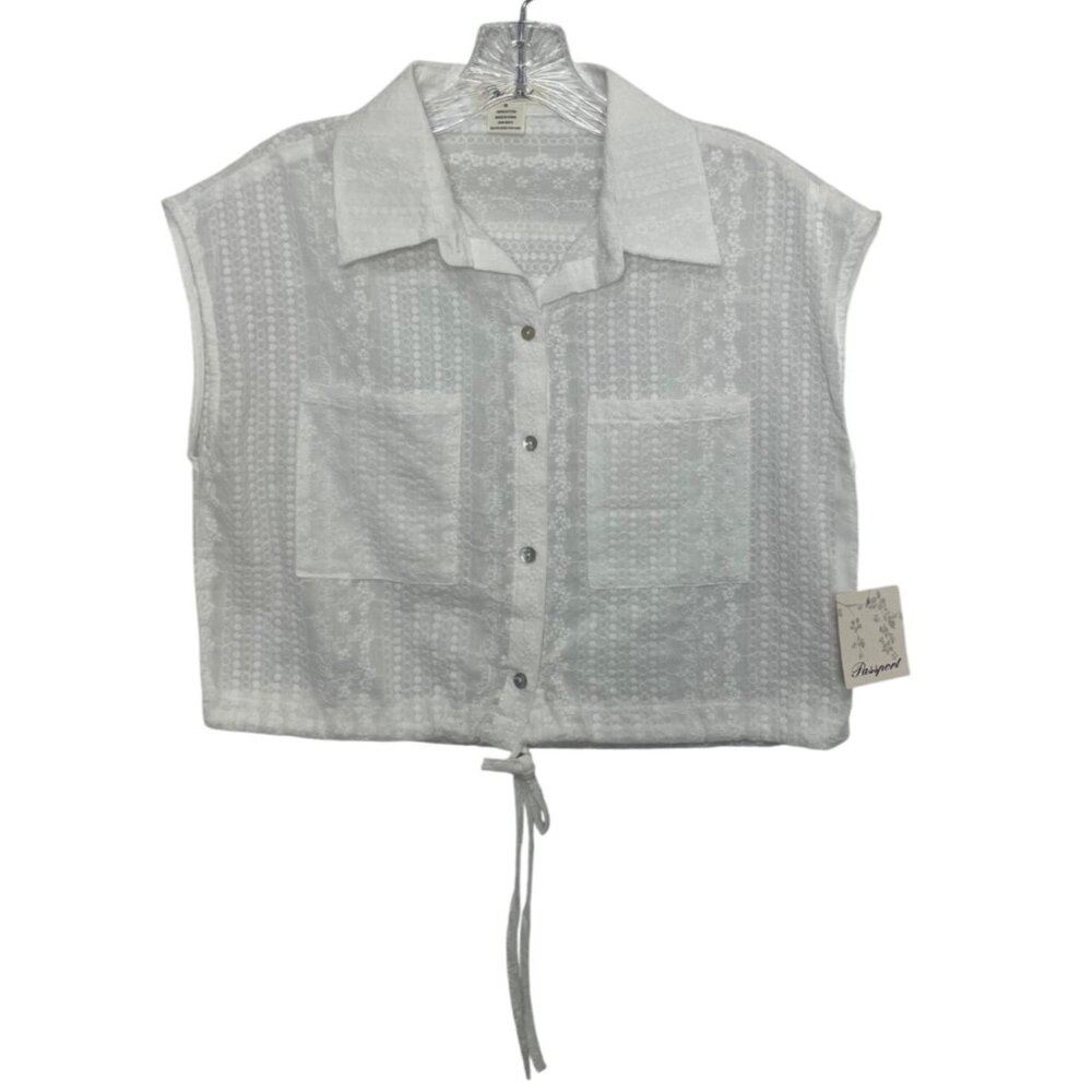 Passport‎ Tie Front Sleeveless Blouse Floral Embroidery Medium White New Summer